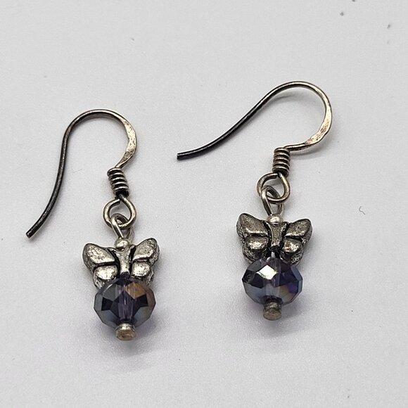 VTG Sterling Silver Butterfly Dangle Drop Earrings Dainty Purple AB style bead - Picture 1 of 8
